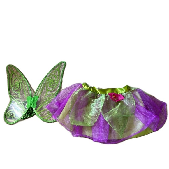 Disney Tinker Bell Kids Fairy Costume Set - Green and Purple Wings Skirt 4-6X - Picture 1 of 7
